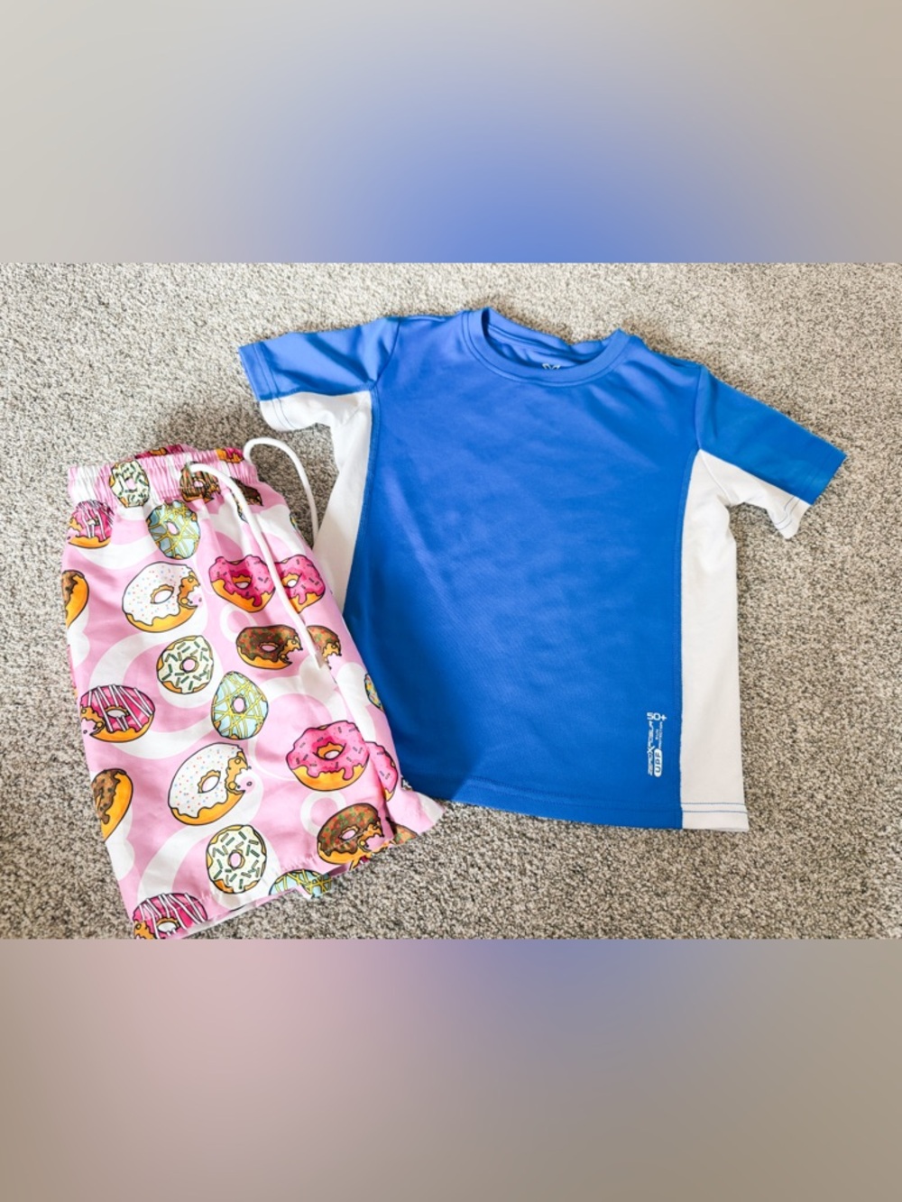 ZeroXposur Blue and White Rash Guard with Pink Donut Print Swim Trunks